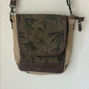 Myra Brown Beige Floral Cotton Canvas 100% Leather Crossbody Satchel Purse